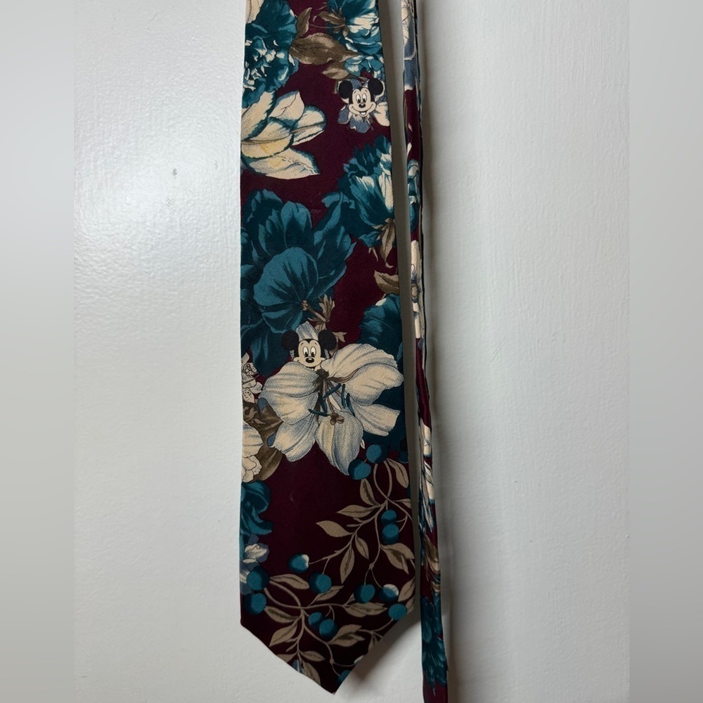 The Walt Disney Company Hidden Mickey Hawaiian Floral Teal Burgundy Neck Tie